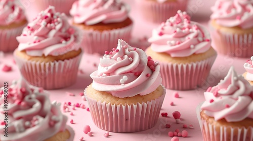 A delightful display of cupcakes adorned with pink frosting and sprinkles, perfect for celebrations and sweet treats.