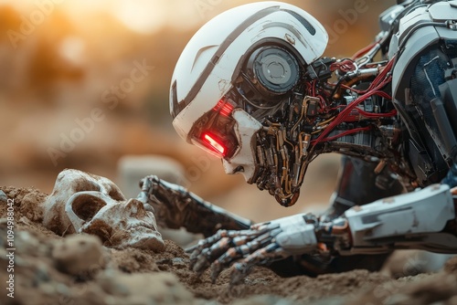 A futuristic robot with a glowing eye examines a skull in a desert-like setting, evoking themes of life, death, and artificial intelligence's quest for understanding. photo