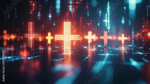 Digital Crosses: A Neon Abstract Cyberpunk Landscape