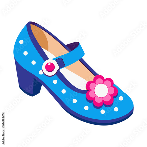 Blue polka dot Mary Jane shoe with a flower