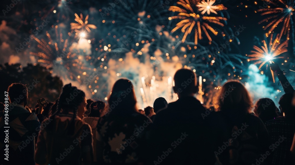 Silhouettes of people watching a fireworks display Silhouettes of people watching a fireworks display