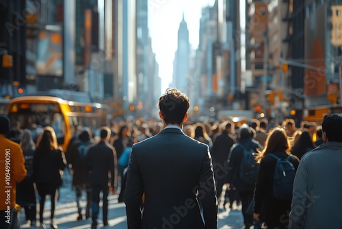 African American Businessman Walking Times Square Busy City Street