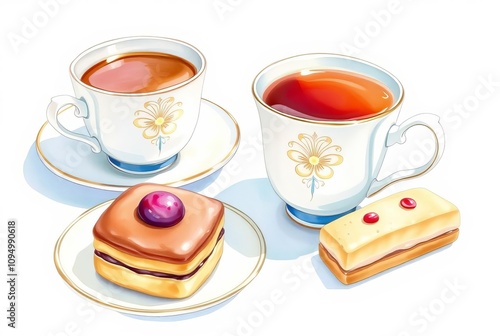 Watercolor Teacups and Pastries Delicate illustration of afterno photo