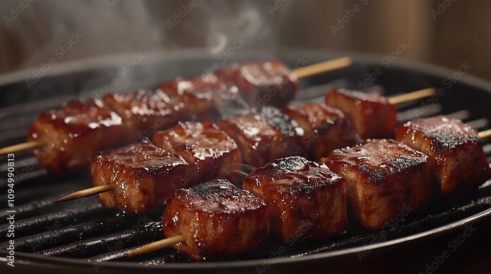 Close up shot of delectable grilled pork skewers sizzling on a charcoal grill with rising smoke and a golden brown caramelized glaze coating the tender flavorful meat Close up shot of delectable grilled pork skewers sizzling on a charcoal grill with rising smoke and a golden brown caramelized glaze coating the tender flavorful meat