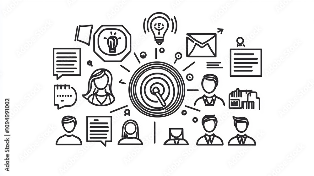 Collection of 15 black and white outline icons symbolizing digital marketing themes like strategic planning project execution teamwork goal achievement and business success Collection of 15 black and white outline icons symbolizing digital marketing themes like strategic planning project execution teamwork goal achievement and business success