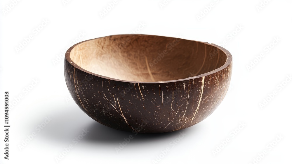 A bowl made of coconut is sitting on a white background A bowl made of coconut is sitting on a white background