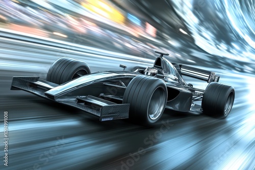 A sleek racing car speeds through a blurred track, showcasing motion and speed.