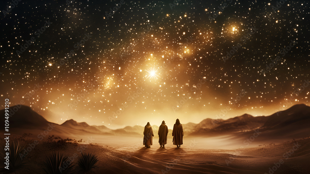 Fototapeta premium Three wise men walking in desert under starry sky at night