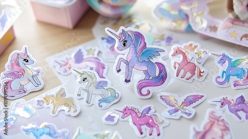 Collection of whimsical fantasy inspired stickers featuring adorable unicorns dragons and magical wands in a delightful array of vibrant colors and iridescent sparkly designs photo