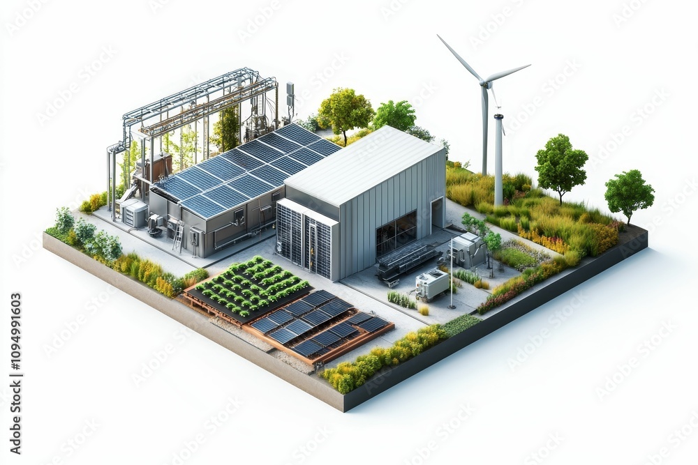 Sustainable energy plant, solar panels, wind turbine, garden. Sustainable energy plant, solar panels, wind turbine, garden.