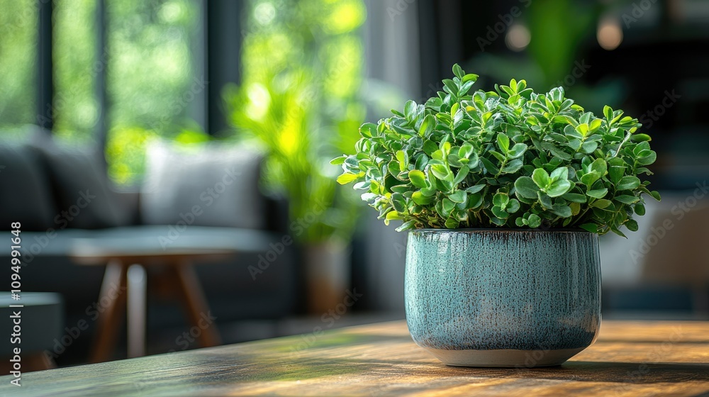 A potted plant on a wooden table in a bright, modern living space. A potted plant on a wooden table in a bright, modern living space.