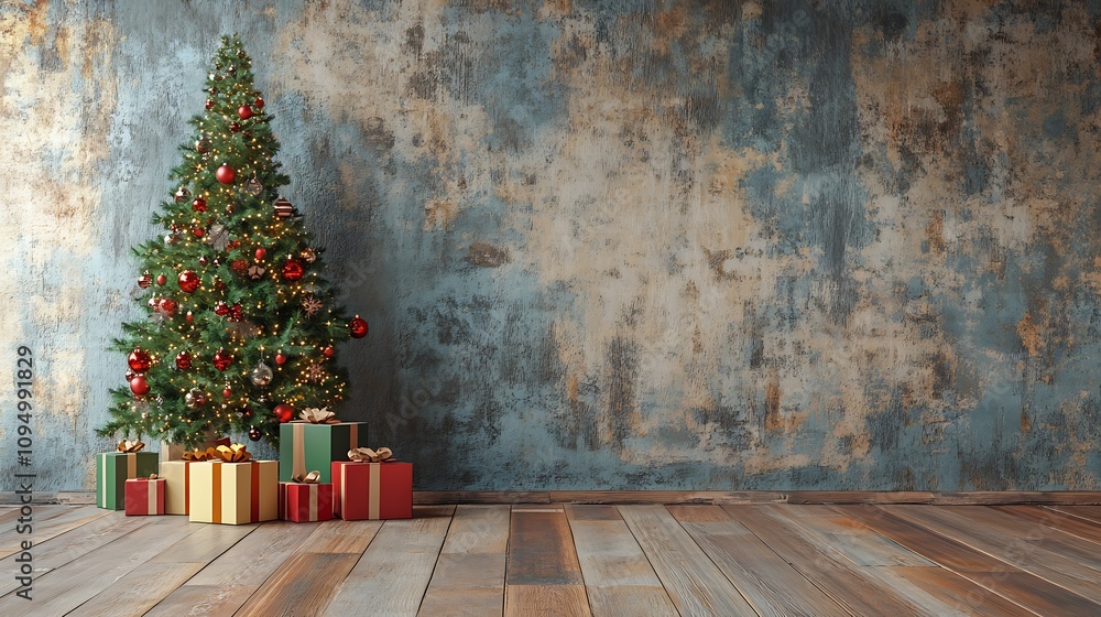 Festive Christmas Tree & Holiday Decor with Gifts, Stockings, and Fireworks for Winter Celebration Festive Christmas Tree & Holiday Decor with Gifts, Stockings, and Fireworks for Winter Celebration