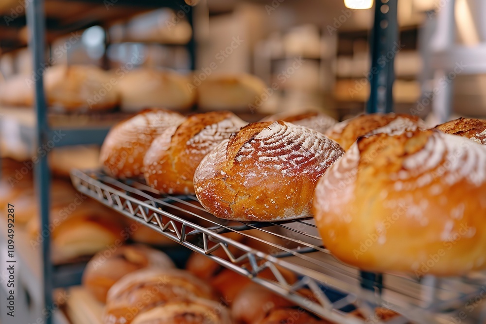 A close-up of soft baked sourdough breads chilling on a metal rack including a large text area and a hazy bakery backdrop, Generative AI. A close-up of soft baked sourdough breads chilling on a metal rack including a large text area and a hazy bakery backdrop, Generative AI.
