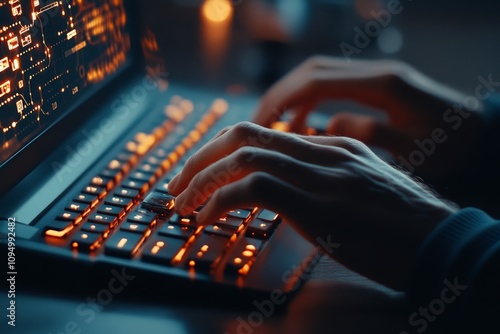 Two hands swiftly type on an illuminated keyboard, casting a warm glow in an otherwise shadowed setting, symbolizing focused work and digital communication. photo