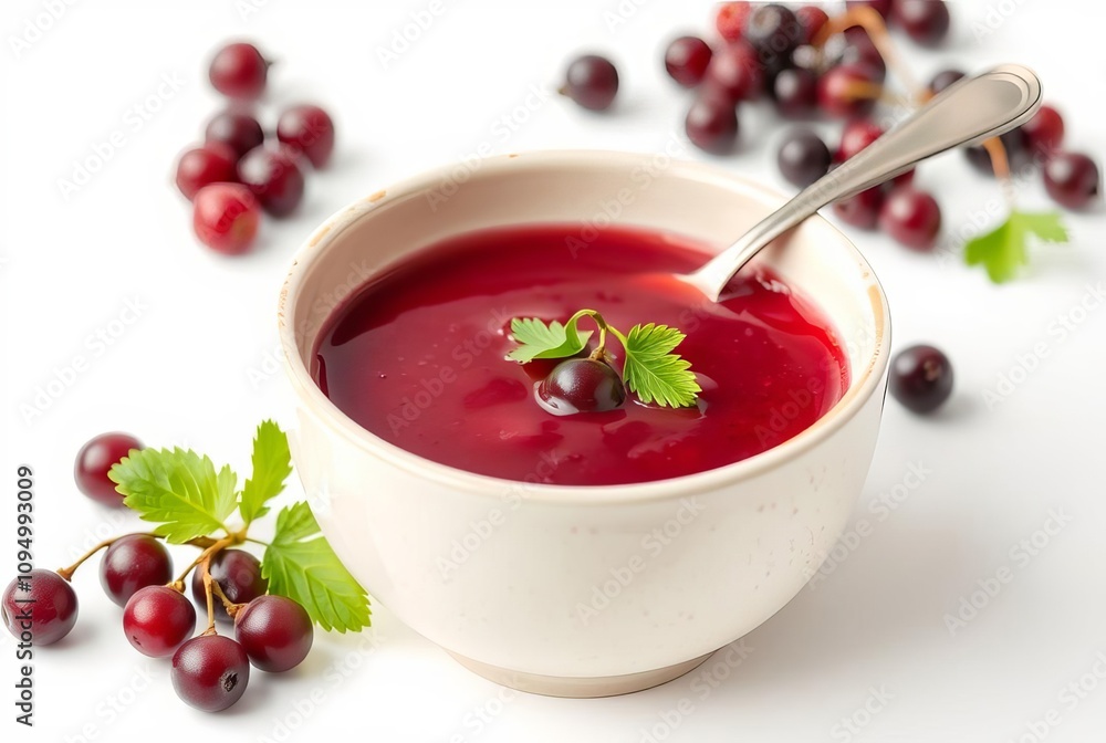 A bowl of currant soup isolated on white background with a spoon
