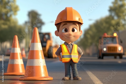 A Cute Cartoon Construction Worker on the Roadside.  Adorable Character in Safety Gear.  Inspiring Illustration of a Child in a Construction Setting. photo