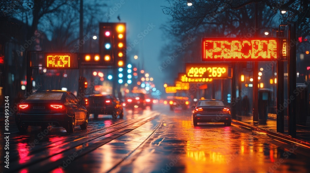 Fototapeta premium A rainy urban street scene at night with illuminated traffic signals and reflections.