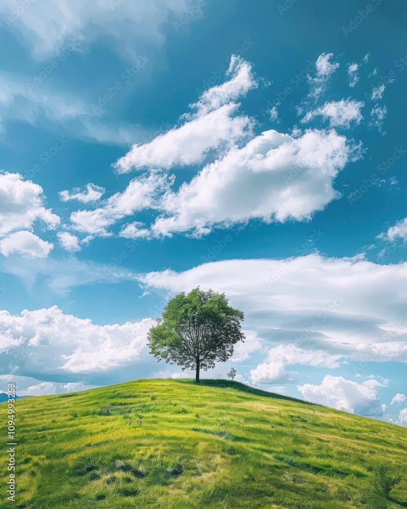 Fototapeta premium A lone tree standing on a grassy hill dramatic cloudy sky minimalist landscape photography nature environment serene viewpoint striking concept