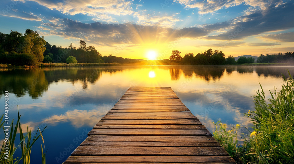 Naklejka premium Sunrise over peaceful lake with wooden pier reflecting colorful sky