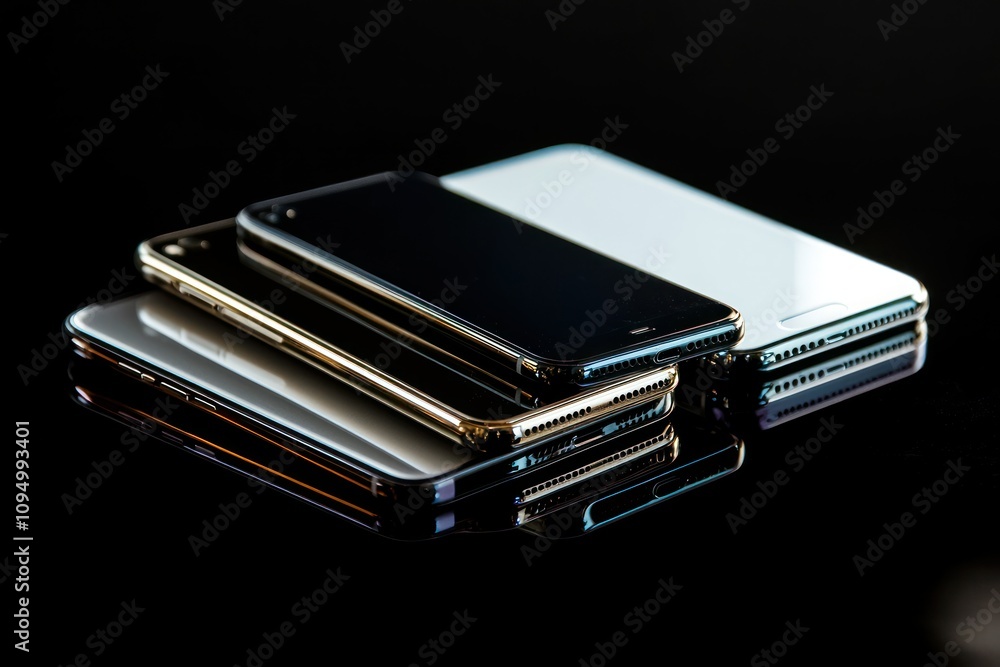Modern Smartphones Collection on Reflective Surface Modern Smartphones Collection on Reflective Surface