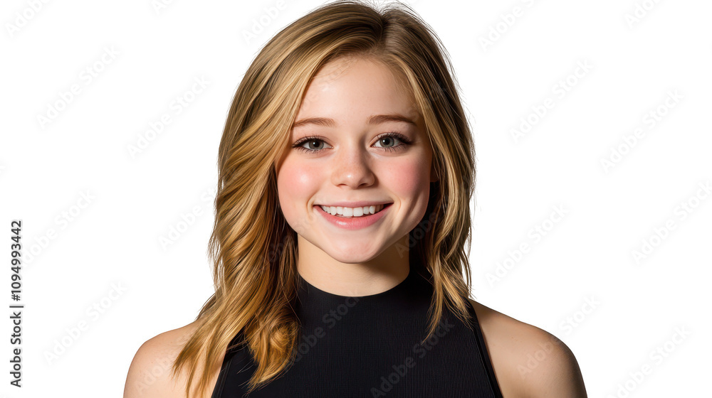 Portrait of confident young girl with blonde hair in simple black top Portrait of confident young girl with blonde hair in simple black top