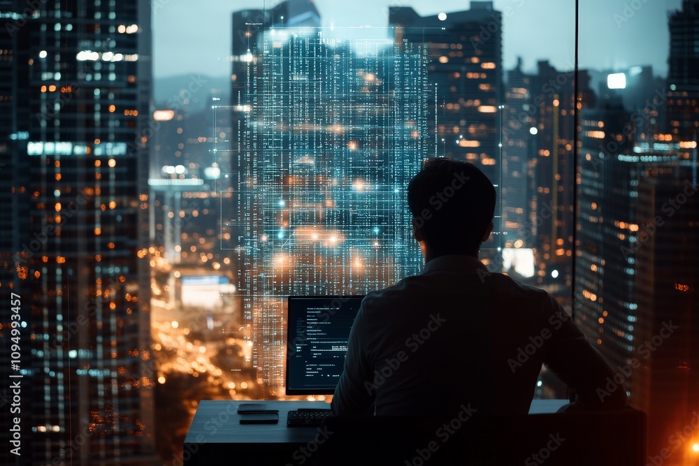 A programmer seated at a desk coding, overlooking a sprawling city skyline at dusk, highlighting the convergence of technology and urban innovation. A programmer seated at a desk coding, overlooking a sprawling city skyline at dusk, highlighting the convergence of technology and urban innovation.