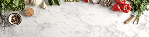 Vegetables on a clean kitchen marble counter top horizontal web header with copy space for text top down view of red and green vegetables banner