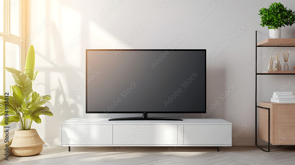 A modern living room featuring a TV, plant, and shelving unit in a bright, minimalist space. A modern living room featuring a TV, plant, and shelving unit in a bright, minimalist space.