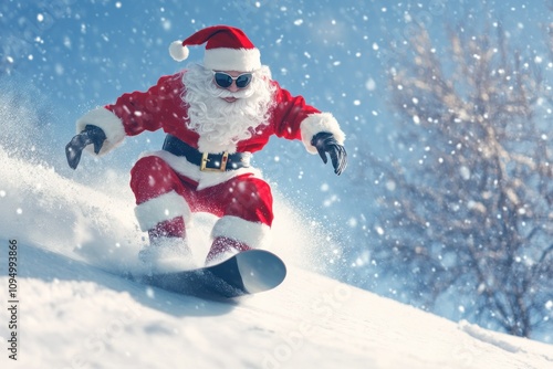 Santa Claus Enjoys Snowboarding in Winter Wonderland