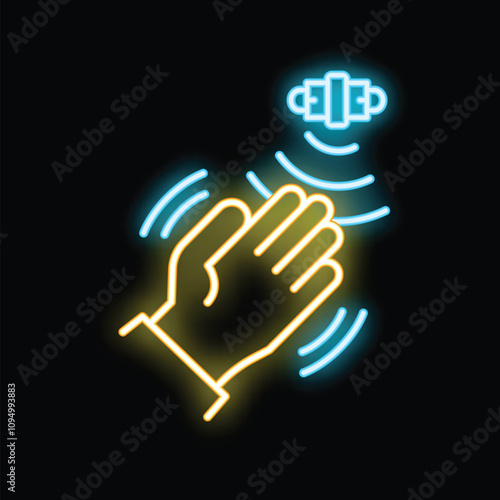 Neon icon representing a contactless payment made with a quick wave of the hand over a terminal