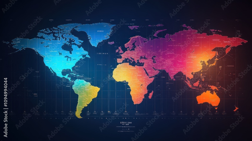 Fototapeta premium Colorful World Map Showing Countries And Time Zones