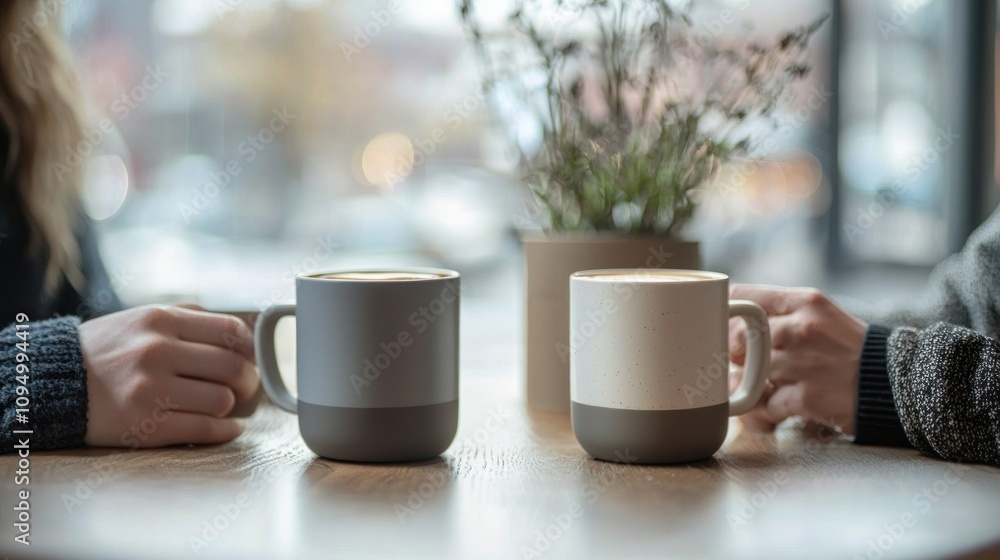 Two friends laughing and enjoying coffee together at a café, sitting across from each other with warm smiles Two friends laughing and enjoying coffee together at a café, sitting across from each other with warm smiles