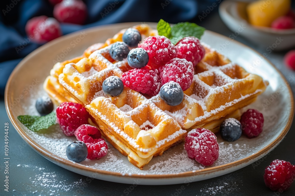Fluffy Belgian Waffles Topped with Fresh Raspberries, Blueberries, Mint Leaves, and a Dusting of Powdered Sugar Fluffy Belgian Waffles Topped with Fresh Raspberries, Blueberries, Mint Leaves, and a Dusting of Powdered Sugar