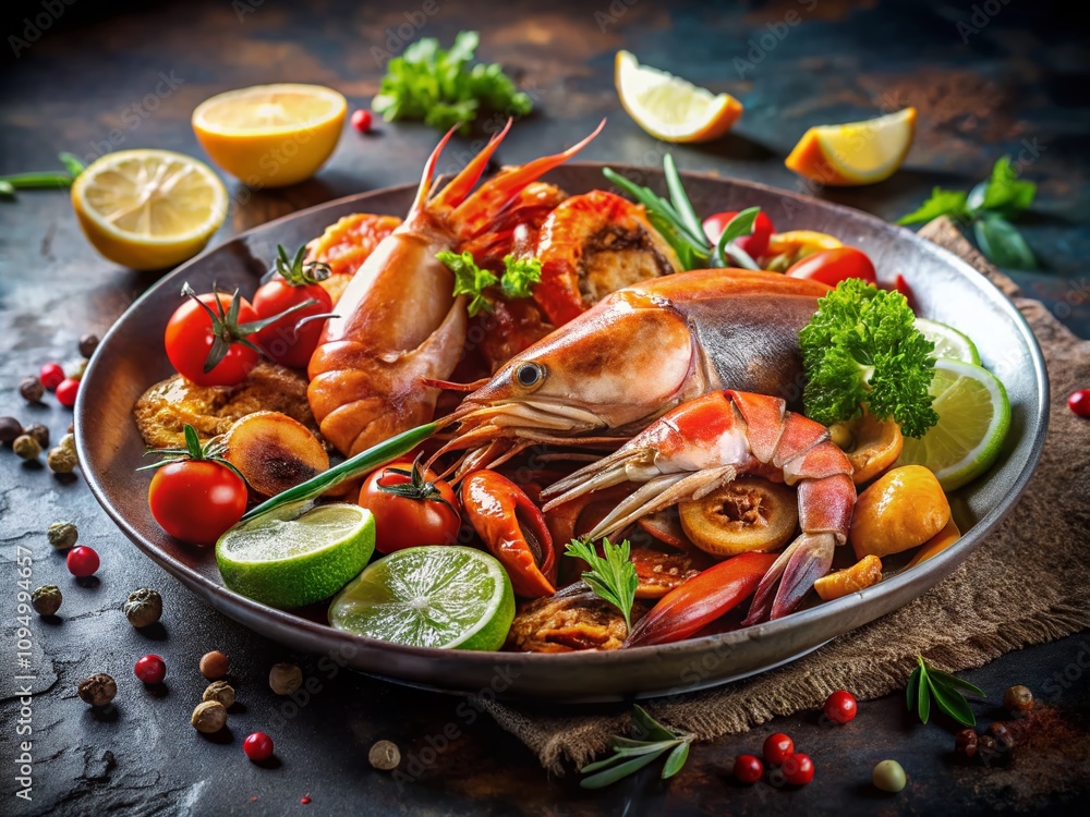 Exquisite Seafood Dish Presentation with Vibrant Colors and Fresh Ingredients Perfect for Restaurant Menus and Culinary Promotion - Ideal for Food Lovers and Chefs Exquisite Seafood Dish Presentation with Vibrant Colors and Fresh Ingredients Perfect for Restaurant Menus and Culinary Promotion - Ideal for Food Lovers and Chefs