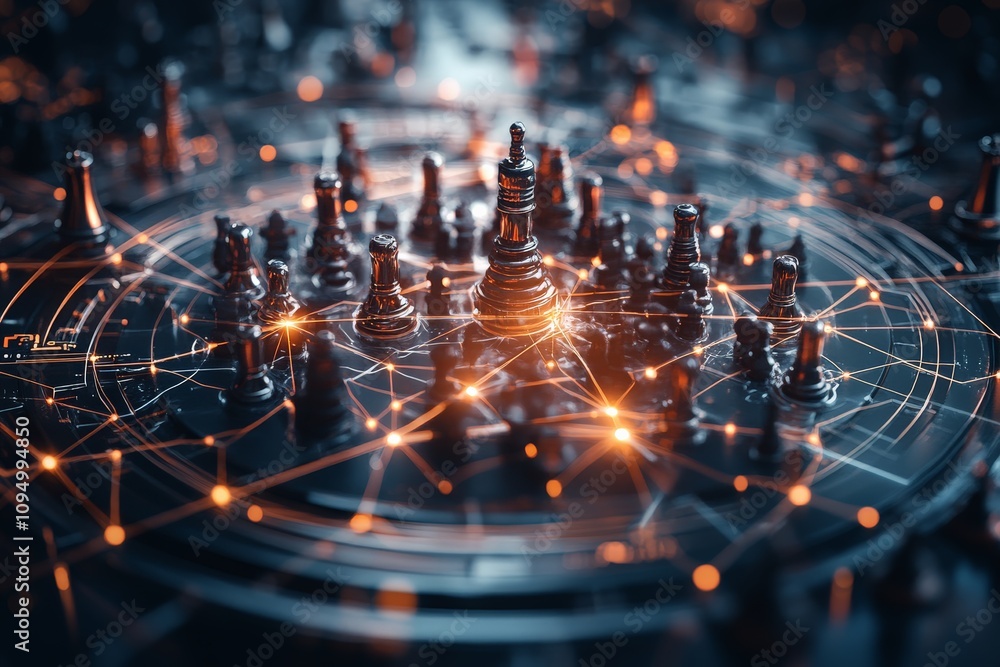 An intricate futuristic chessboard adorned with glowing network connections, representing strategic thinking and technology fusion in a digital realm. An intricate futuristic chessboard adorned with glowing network connections, representing strategic thinking and technology fusion in a digital realm.