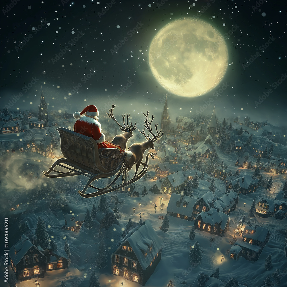 3D illustration of Santa Claus flying in his sleigh over a snowy town, full moon in the background 3D illustration of Santa Claus flying in his sleigh over a snowy town, full moon in the background