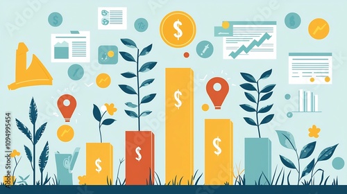 design depicting the capital investment concept featuring funding icons growing financial bars and various financial analysis and strategy elements