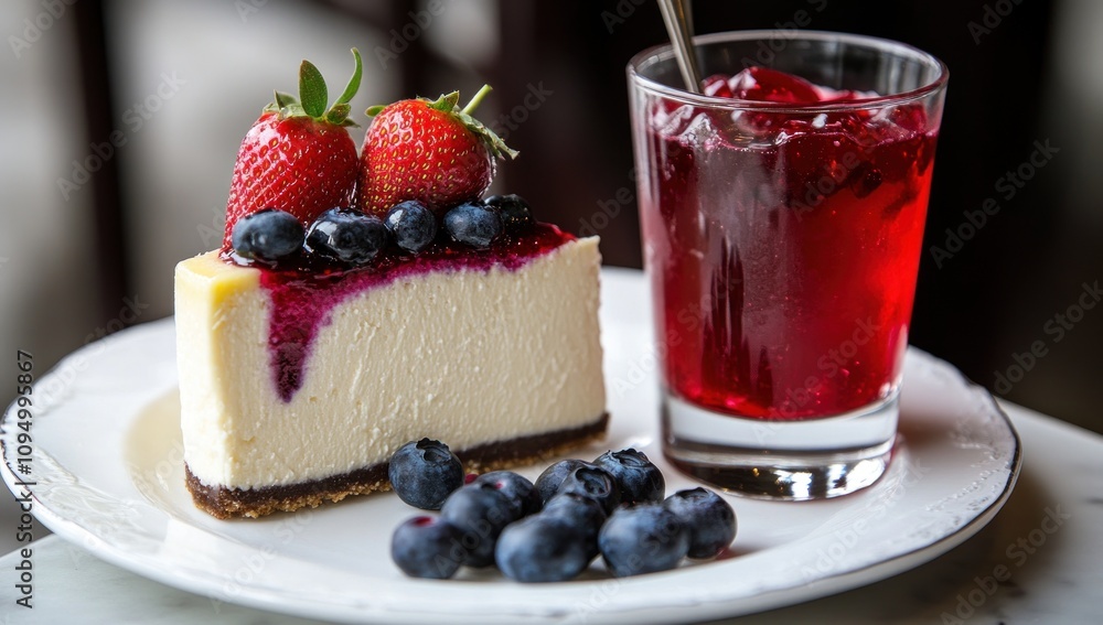 Delicious Cheesecake with Berries and Drink Delicious Cheesecake with Berries and Drink