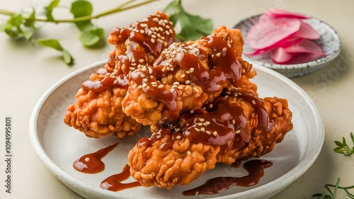 Spicy Korean fried chicken coated in gochujang sauce, served with pickled radish and sesame seeds on black platter