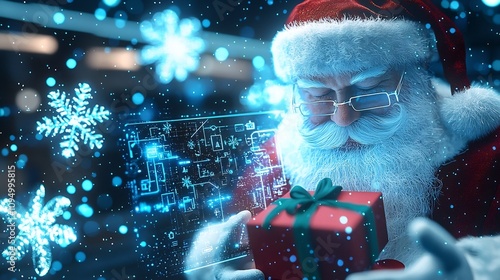 Digital Santa Claus figure holding a virtual gift surrounded by festive snowflakes and glowing technological elements creating a futuristic magical and visually striking Christmas scene