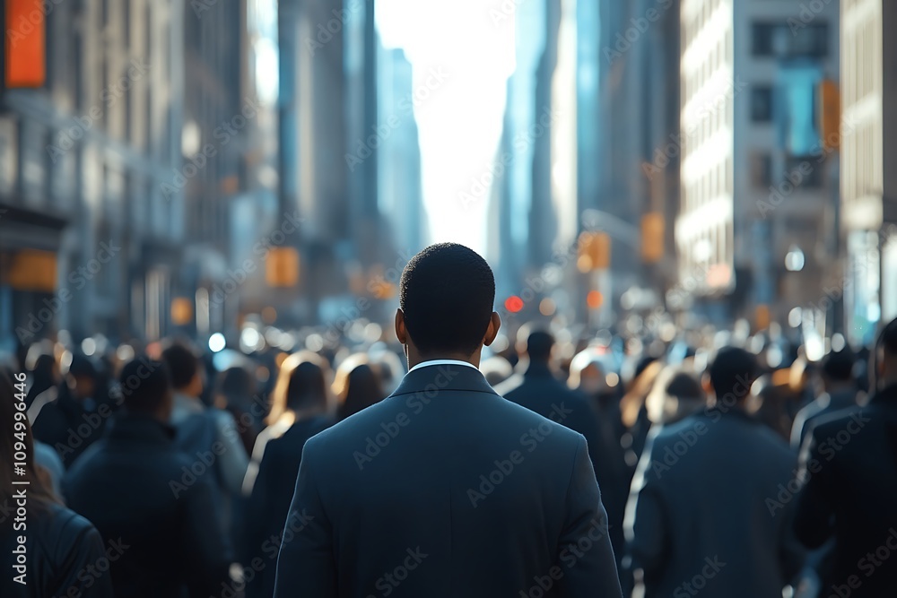 African American Man in Gray Suit, Walking Away on Busy City Street African American Man in Gray Suit, Walking Away on Busy City Street