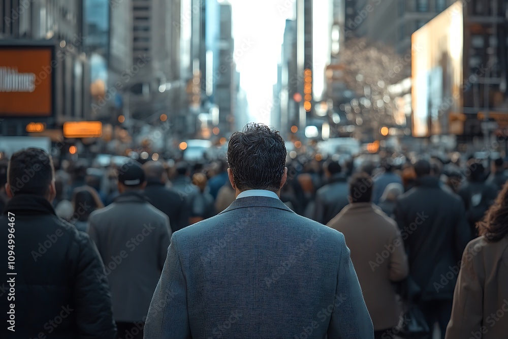 African American Man in Gray Suit, Walking City Crowd, Daytime African American Man in Gray Suit, Walking City Crowd, Daytime