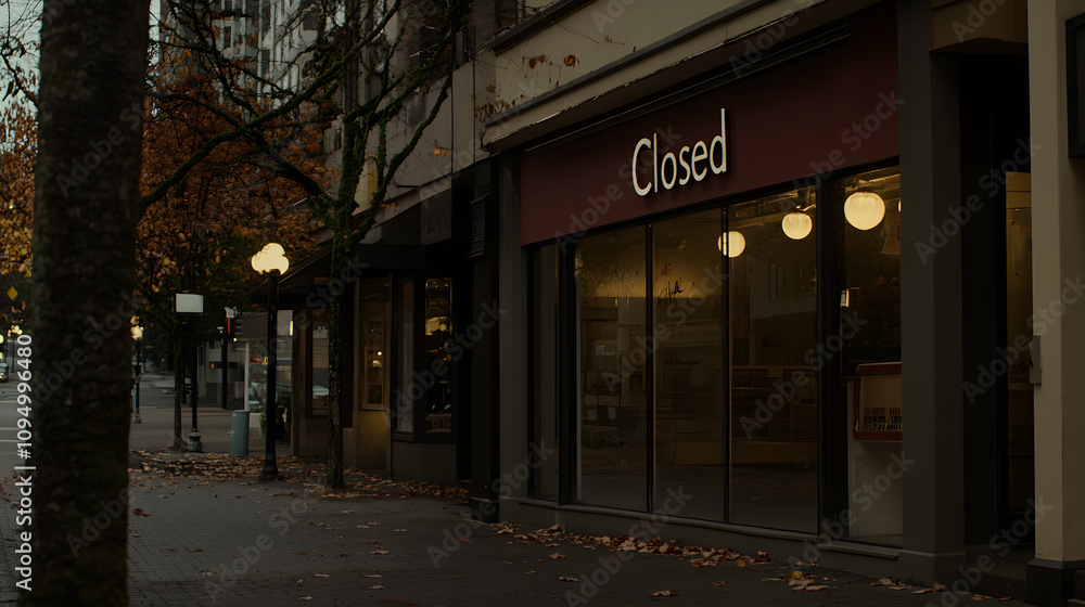 A closed small business storefront at dusk, with the warm glow of interior lights softly illuminating the window. The peaceful atmosphere captures the calm of the evening as the shop awaits its next d A closed small business storefront at dusk, with the warm glow of interior lights softly illuminating the window. The peaceful atmosphere captures the calm of the evening as the shop awaits its next d