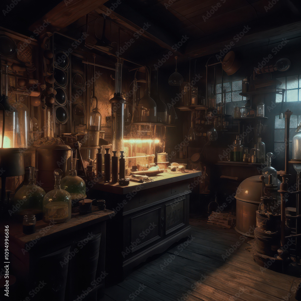A steampunk wizard's laboratory filled with mechanical spells and bubbling potions A steampunk wizard's laboratory filled with mechanical spells and bubbling potions