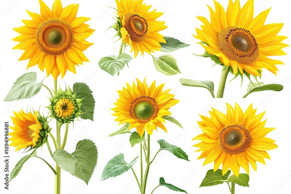 Fototapeta premium Sunflowers Set in Various Angles on White Background