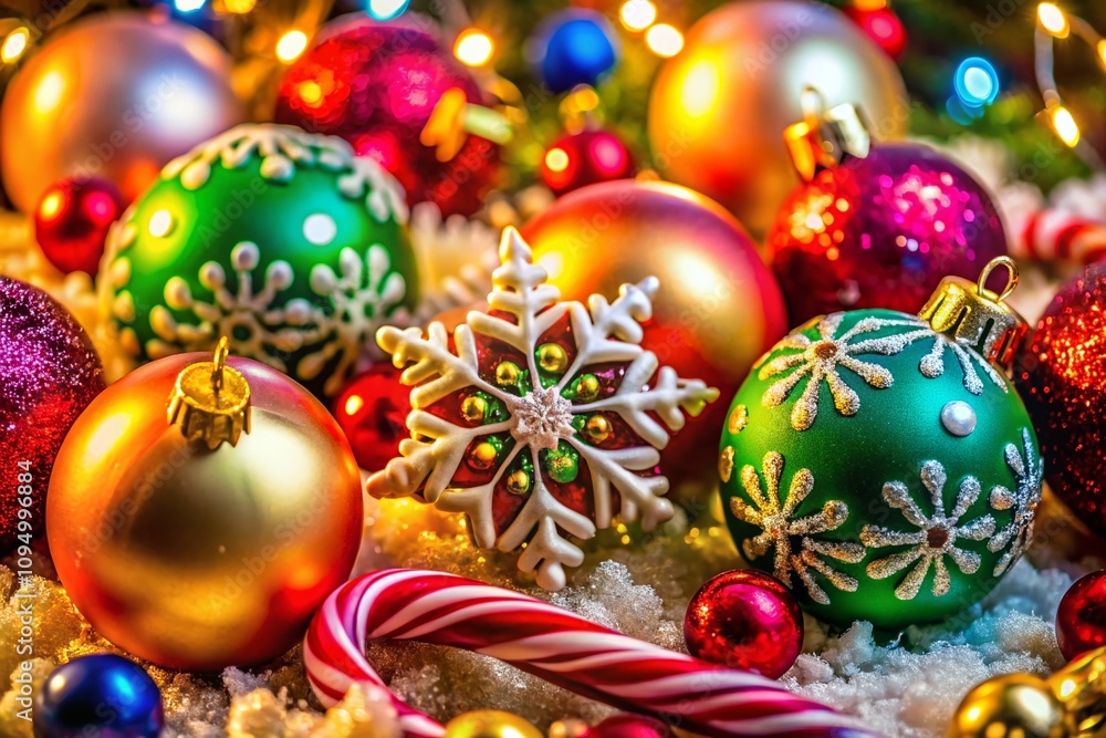 Festive Christmas Ornaments and Candy Canes with Intricate Snowflake Patterns for a Joyful Holiday Season Celebration Festive Christmas Ornaments and Candy Canes with Intricate Snowflake Patterns for a Joyful Holiday Season Celebration
