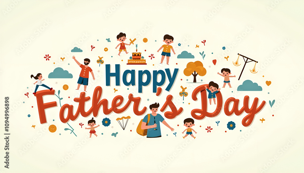 Festive Father's Day greeting with colorful illustrations of family activities and playful icons
Festive Father's Day greeting with colorful illustrations of family activities and playful icons
