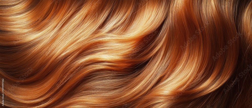 Close-up of wavy, shiny, auburn hair texture. Close-up of wavy, shiny, auburn hair texture.
