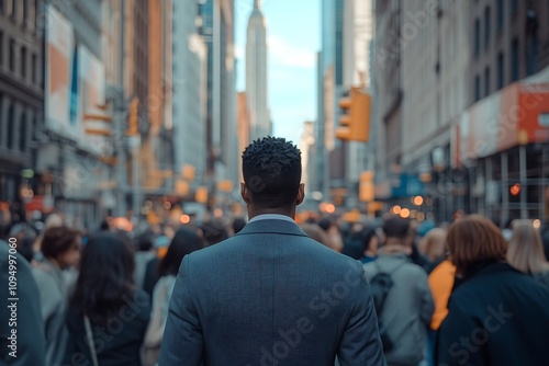 African American Man in Suit Walking Alone in Manhattan Crowd