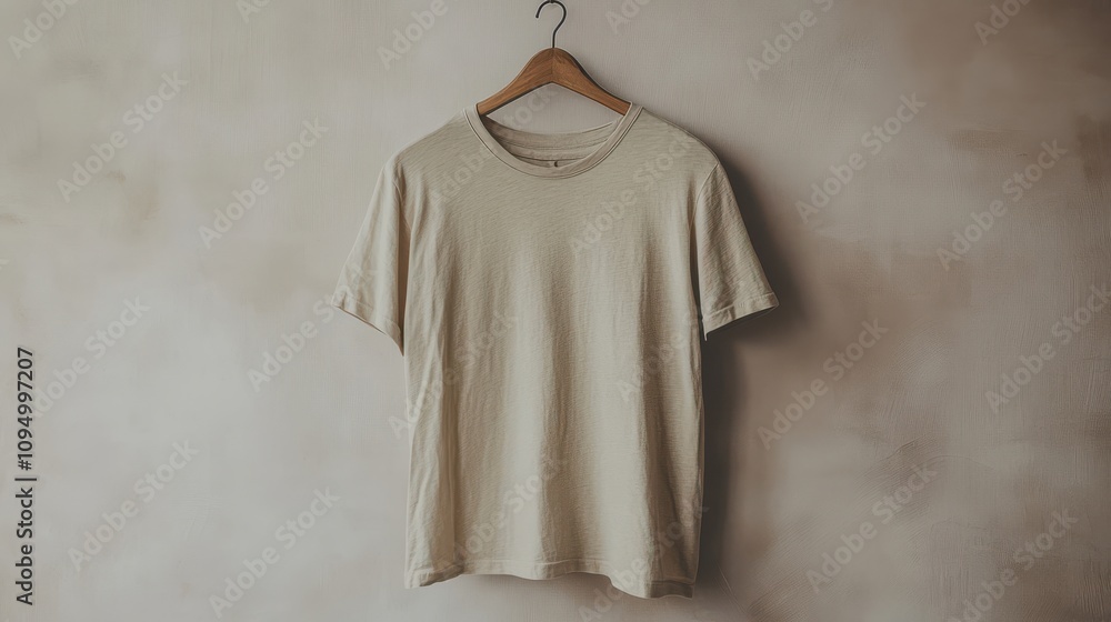 A soft beige t-shirt is displayed hanging from a wooden hanger on a plain wall, accompanied by a potted plant that adds freshness to the calm indoor environment. A soft beige t-shirt is displayed hanging from a wooden hanger on a plain wall, accompanied by a potted plant that adds freshness to the calm indoor environment.